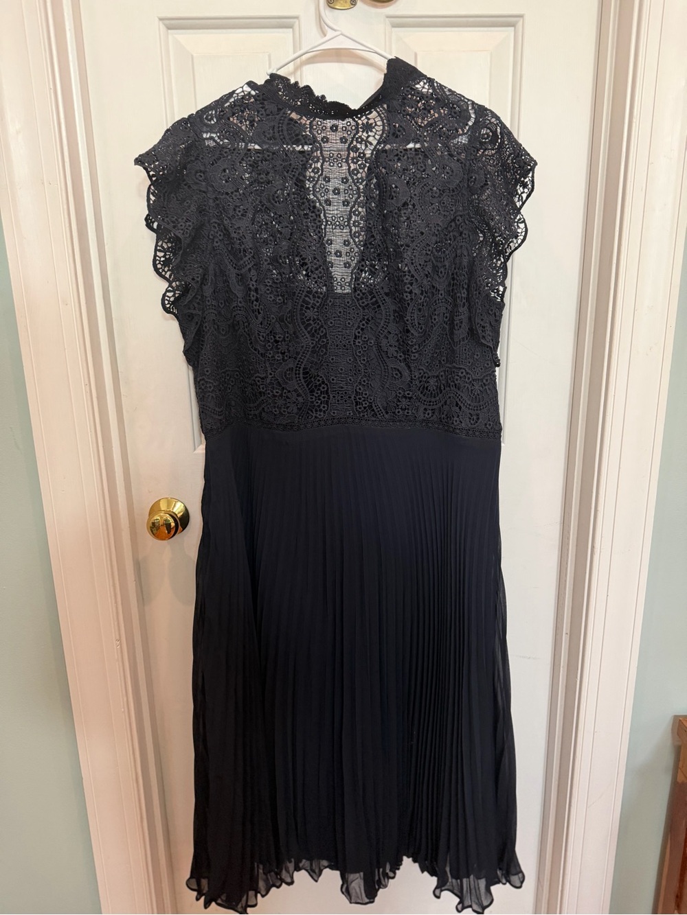 City Chic Navy Lace High-Neck Pleated Midi Dress - Picture 3 of 5